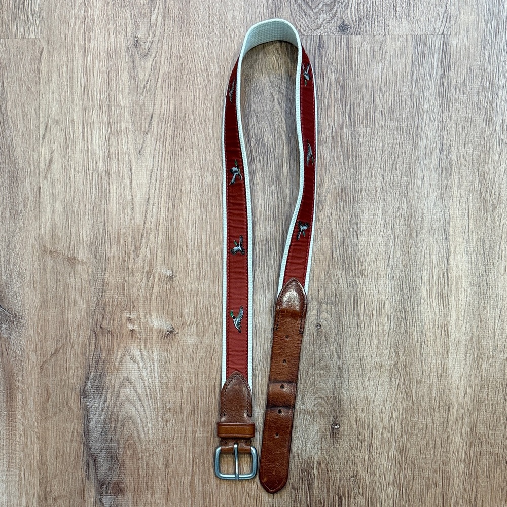 J. Crew Brown Leather Trim Red Webbing Belt with Bird Motifs